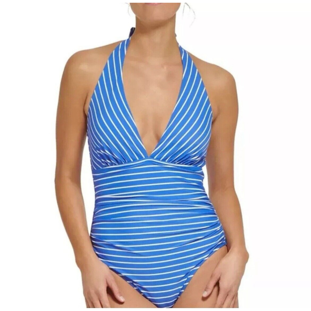 Tommy Hilfiger Blue and White Striped Halter One-Piece Swimsuit